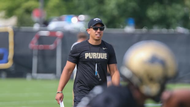 Purdue Boilermakers head coach Ryan Walters watches during Purdue football practice, Wednesday, August 2, 2023, at Purdue University in West Lafayette, Ind.